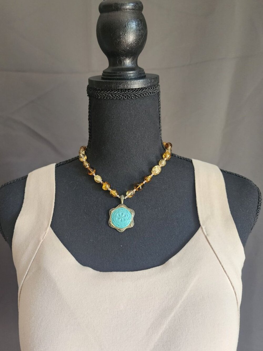 Amber Glass & Faux Turquoise Pendant Necklace